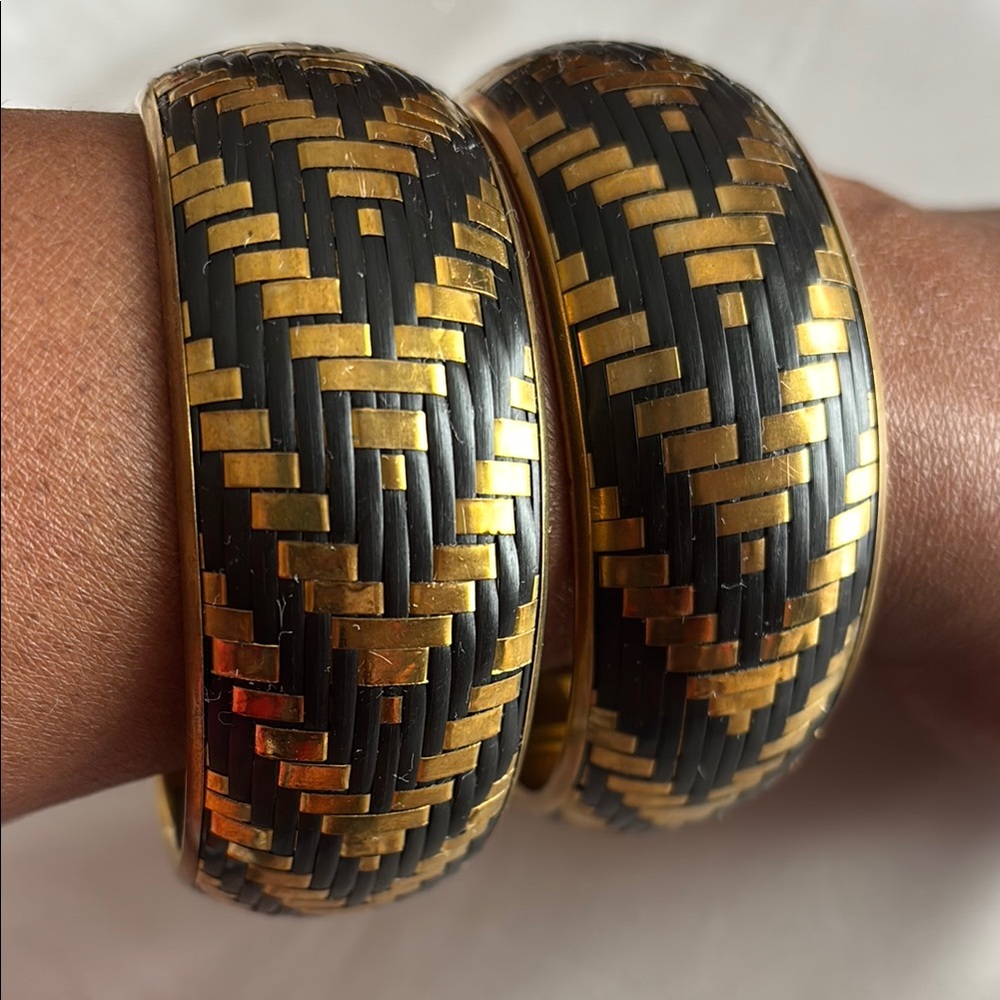 Woven Brass and Black Bangle Bracelet